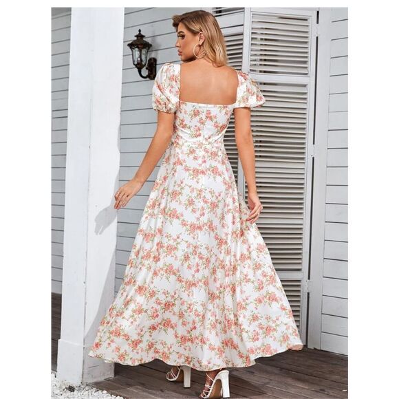 NEW Puff Sleeve Floral Split Maxi Dress Flowy A Line XL - Picture 2 of 7